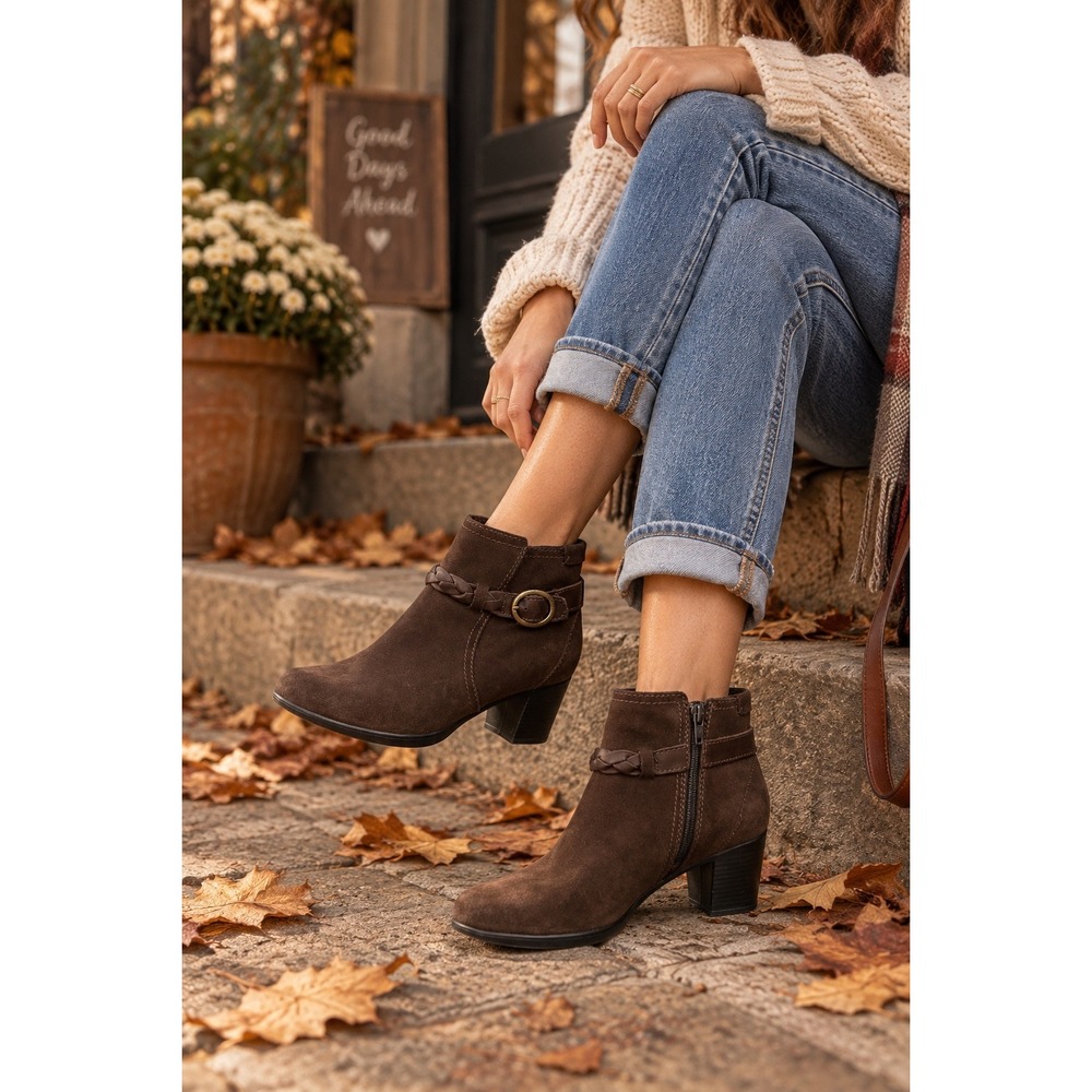 Clarks Women's Chocolate Brown Suede Leather Ankle Boots  Buckle Block Heel 8M